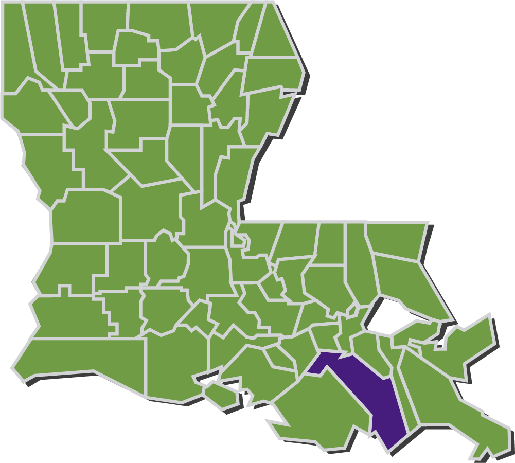 Map of Louisiana parishes with Lafourche parish highlighted in purple.